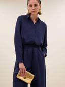 Donkerblauwe donna satin stripe blouse