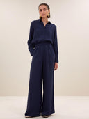 Donkerblauwe pantalon benji satin stripe pants