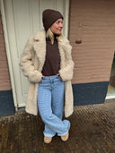 Halflange mantel jas van teddy stof