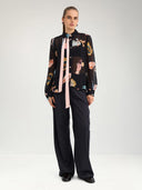Zwarte blouse met print en strik nuophelia