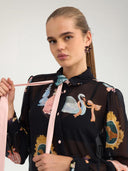Zwarte blouse met print en strik nuophelia