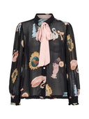 Zwarte blouse met print en strik nuophelia