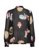 Zwarte blouse met print en strik nuophelia