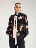 Zwarte blouse met print en strik nuophelia