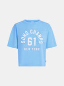 Blauwe mesh top met soho champs print