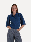Blauw vest met halflange mouwen talia