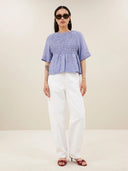 Lichtblauwe gestreepte linnen top runa