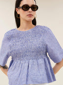 Lichtblauwe gestreepte linnen top runa