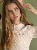 Beige top luecc pointelle polo knit