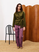 Donkergroene longsleeve met knoopdetail orchis