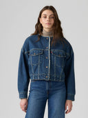 Blauwe kraagloze sherpa trucker jacket