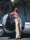 Zandkleurige wide leg jeans Lio