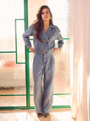 Lichtblauwe cropped bouclé jas